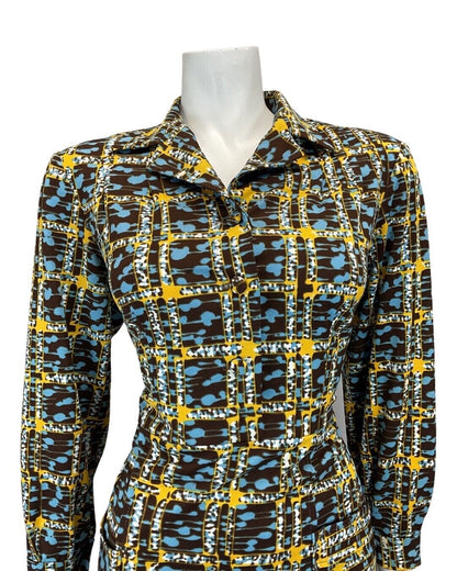 VINTAGE 60s 70s BROWN BLUE YELLOW GEOMETRIC CHECKED MOD SHIRT DRESS 14 16