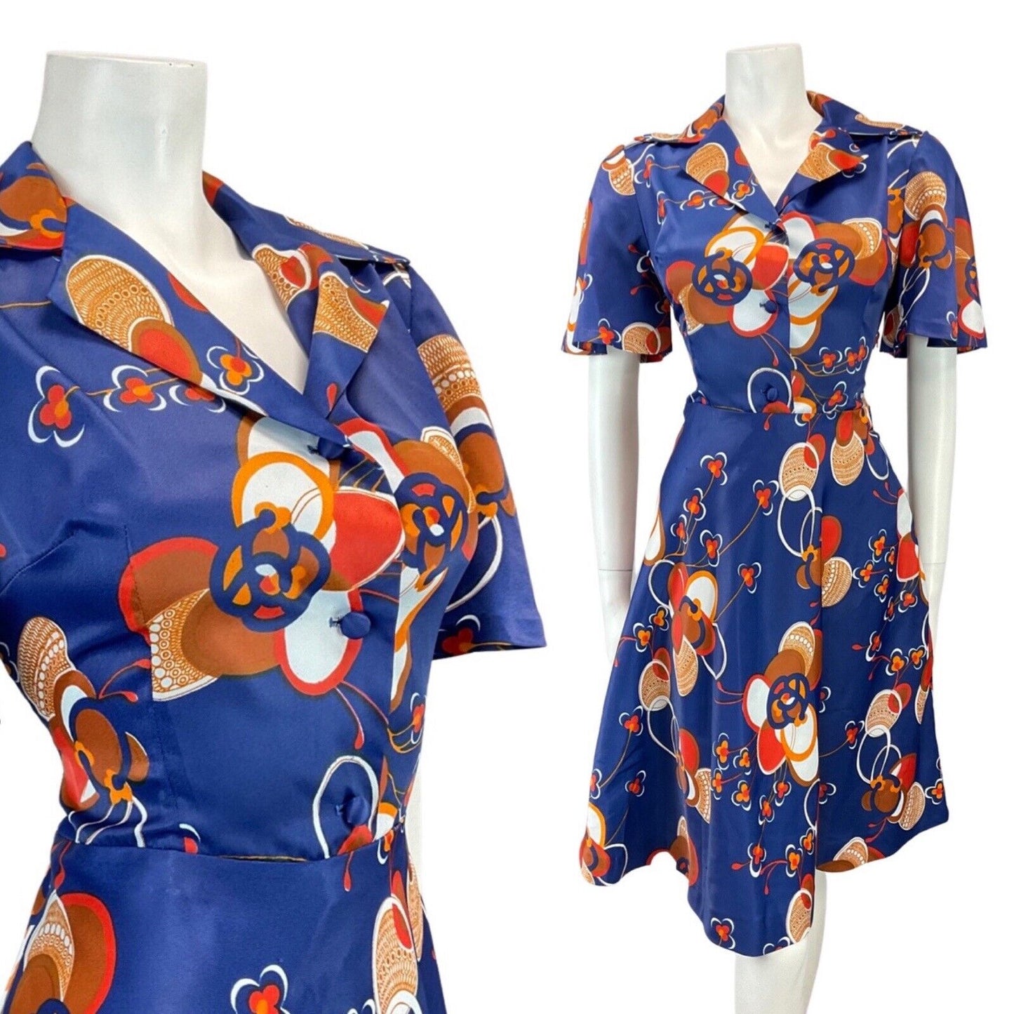 VINTAGE 60s 70s BLUE ORANGE RED ABSTRACT FLORAL MOD SWING SHIRT DRESS 8 10