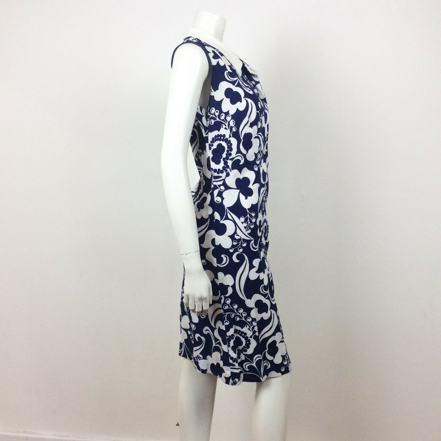 60S VINTAGE COTTON BLUE WHITE FLORAL PATTERN MINI DRESS 14 16