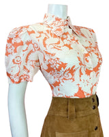 VTG 60s 70s ORANGE WHITE PSYCHEDELIC FLORAL PAISLEY MOD SPOON COLLAR SHIRT 12 14