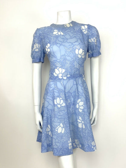 VINTAGE 60s 70s PALE BLUE WHITE FLORAL SWING SUMMER DRESS 12 14