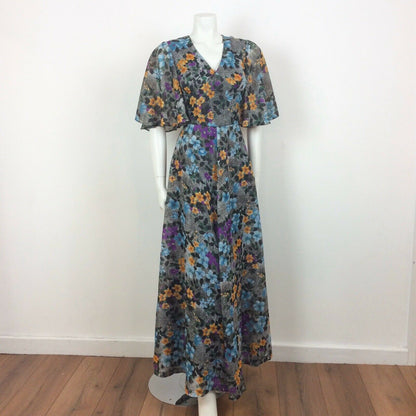 70S VINTAGE GREY GREEN BLUE PURPLE YELLOW FLOWER MAXI DRESS 10