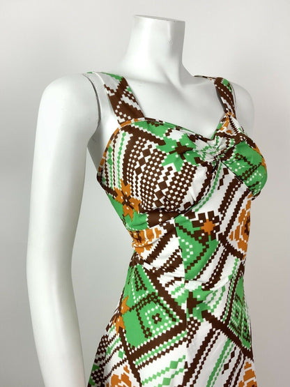 VTG 60s 70s WHITE BROWN ORANGE GREEN PIXEL GEOMETRIC CHECKED MAXI DRESS 12 14