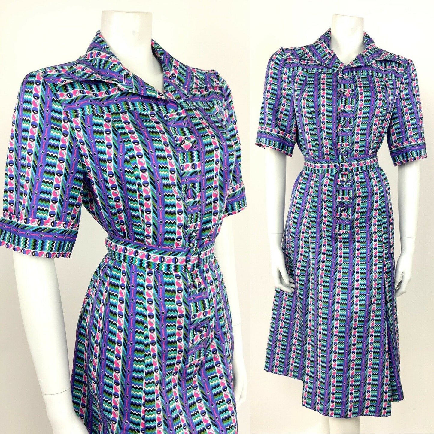 VTG 70s PURPLE PINK TEAL BLACK WHITE CHEVRON GEOMETRIC SHIRT DRESS 12 14 16