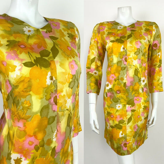 VINTAGE 60s 70s PSYCHEDELIC YELLOW GREEN PINK WHITE FLORAL SHIFT DRESS 12 14