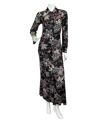 VINTAGE 60s 70s BLACK PINK WHITE FLORAL PATTERNED BUTTON DOWN MAXI DRESS 12 14