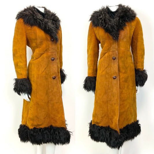 VTG 60s 70s ORANGE BLACK SUEDE LEATHER SHEARLING PENNY LANE MOD BOHO COAT 14 16