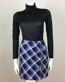 BLUE WHITE CHECK WOOL MINI SKIRT BUTTON FRONT 60S 70S TRUE VINTAGE SZ 8