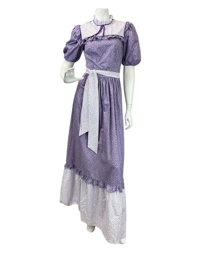 VINTAGE 70s PURPLE WHITE DITSY FLOWER PRAIRIE BOHO RUFFLED MAXI DRESS 6