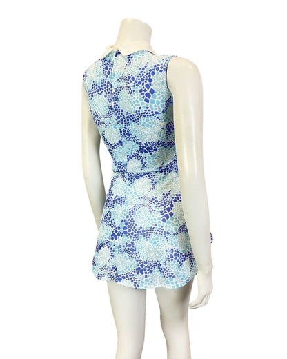 VINTAGE 60s BLUE WHITE GEOMETRIC PSYCHEDELIC MOD MICRO MINI SWING DRESS 8