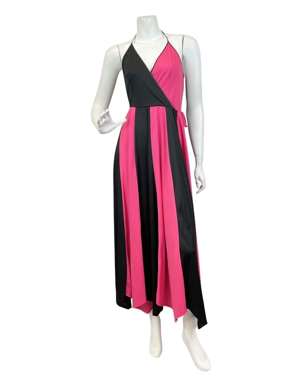 VINTAGE 70s NEON PINK BLACK DISCO STRAPPY HALTER MAXI DRESS 8