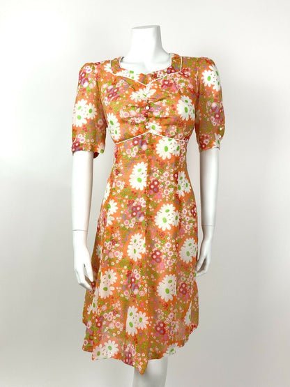 VINTAGE 60s 70s ORANGE WHITE PINK FLORAL DAISY PSYCHEDELIC SUMMER DRESS 12 14