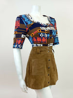 VINTAGE 60s 70s BROWN BLUE RED WHITE GEOMETRIC AZTEC MOD BLOUSE TOP 14 16