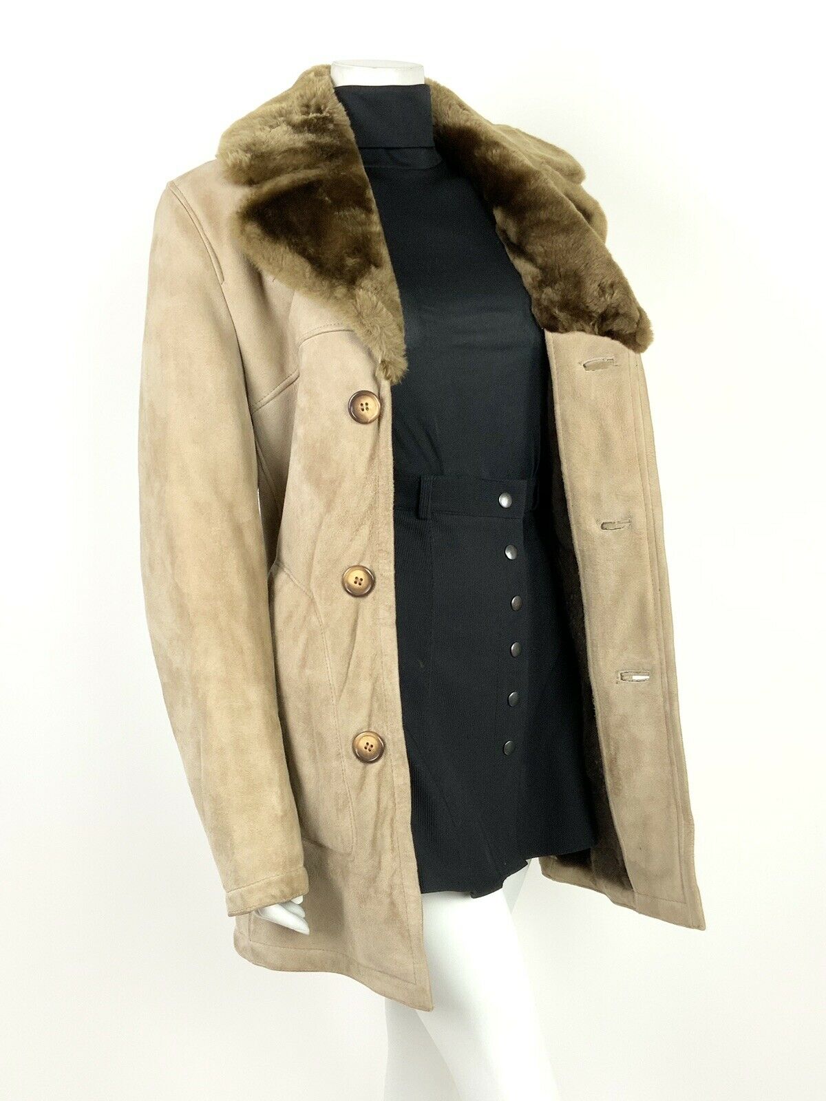 VTG 60s 70s BEIGE BROWN SUEDE LEATHER FUR TRIM SHEARLING HIPPY BOHO COAT 10 12