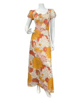 VTG 60s 70s ORANGE RED WHITE FLORAL PSYCHEDELIC MOD PUFF SLEEVE MAXI DRESS 8 10