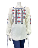 VINTAGE 60s 70s WHITE BLUE RED CROSS-STITCH EMBROIDERED FOLK BOHO BLOUSE 10 12