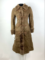 VTG 60s 70s TAWNY BROWN SUEDE SHEARLING FUR BROCADE RUSSIAN PRINCESS COAT 10 12