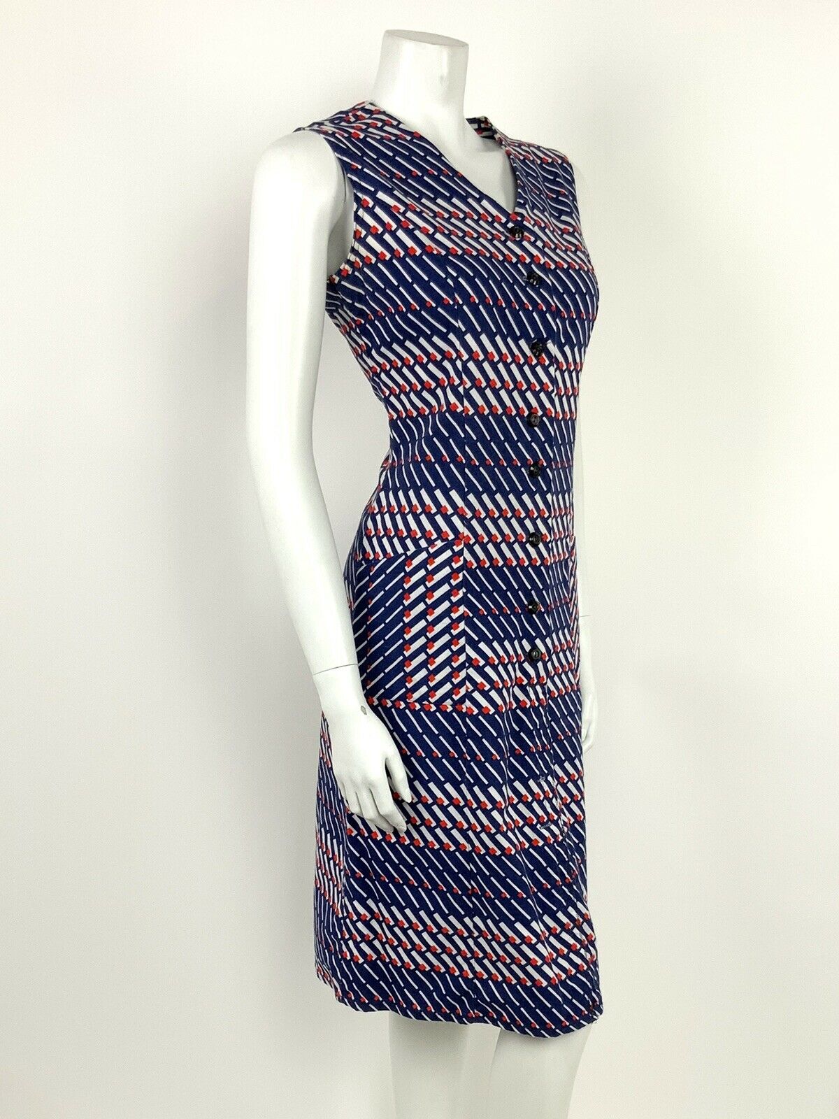 VINTAGE 60s 70s BLUE WHITE RED GEOMETRIC STRIPED MOD DRESS 12 14