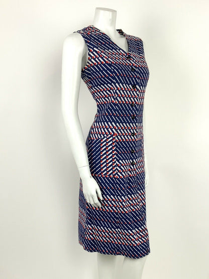 VINTAGE 60s 70s BLUE WHITE RED GEOMETRIC STRIPED MOD DRESS 12 14