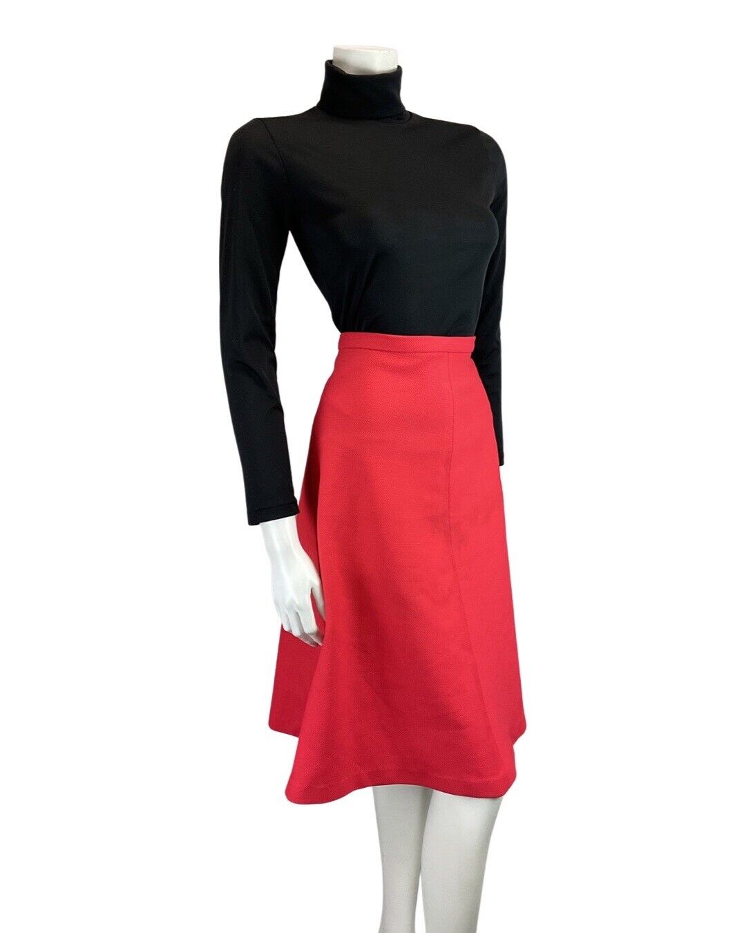 VINTAGE 60s 70s BRIGHT RED MOD KNEE-LENGTH FLARED SKIRT 12 14