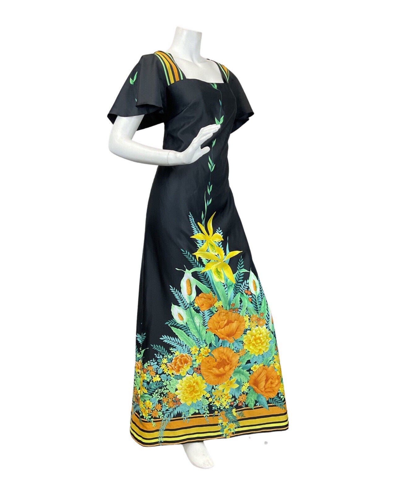 VINTAGE 60s 70s BLACK YELLOW ORANGE FLORAL SUMMER MAXI DRESS 12 14