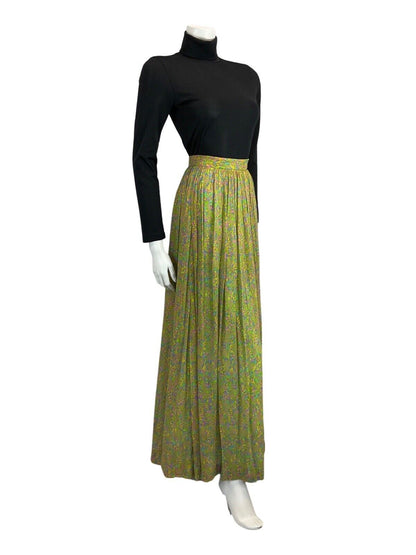 VINTAGE 60s 70s GREEN PINK BLUE YELLOW FLORAL FLOATY BOHO FOLK MAXI SKIRT 4