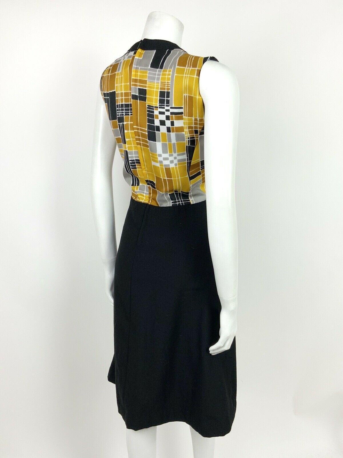 VTG 60s 70s MOD BLACK SILVER GOLD YELLOW GEOMETRIC SLEEVELESS DRESS 12 14