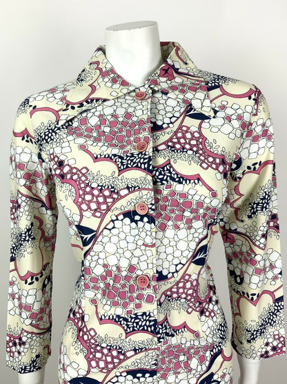 VINTAGE 60s 70s CREAM WHITE PINK BLUE LEAF SQUARE DAGGER SHIRT SHIFT DRESS 12 14