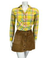 VTG 60s 70s YELLOW RED BLUE CHECKED WESTERN DAGGAR COLLAR CROPPED SHIRT 10 12