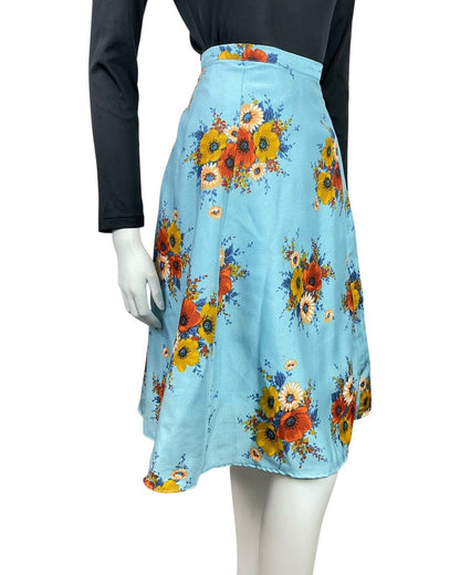 VINTAGE 60s 70s BLUE RED GOLD FLORAL POPPY BOUQUET SWING FLARED MIDI SKIRT 8 10