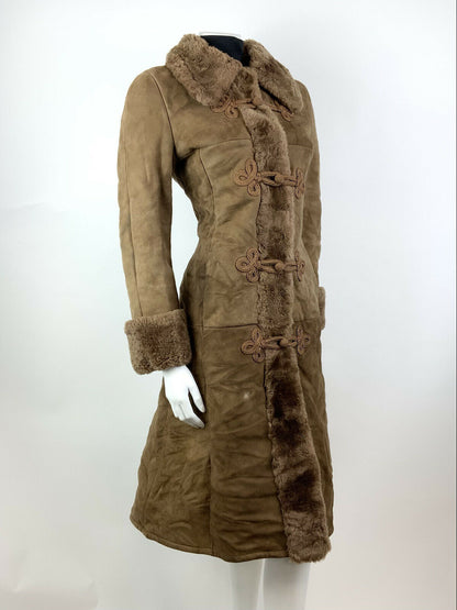 VTG 60s 70s TAWNY BROWN SUEDE SHEARLING FUR BROCADE RUSSIAN PRINCESS COAT 10 12