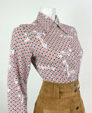 VINTAGE 60s 70s WHITE RED BLACK GEOMETRIC CHECKERBOARD MOD DAGGER BLOUSE 10 12