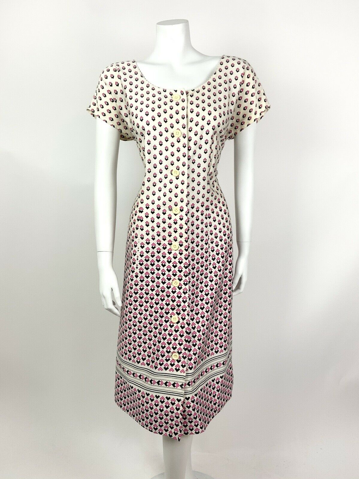 VINTAGE 60s 70s WHITE PINK BLACK GEOMETRIC SQUARE MIDI DRESS 14 16