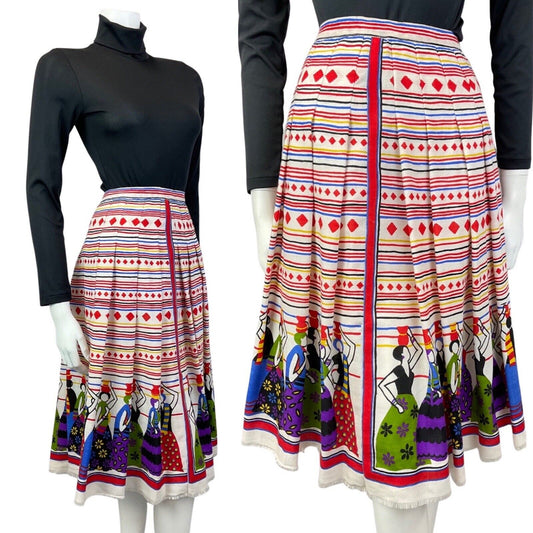 VINTAGE 60s 70s WHITE RED YELLOW STRIPED LADIES SWING KNEE-LENGTH SKIRT 8 10