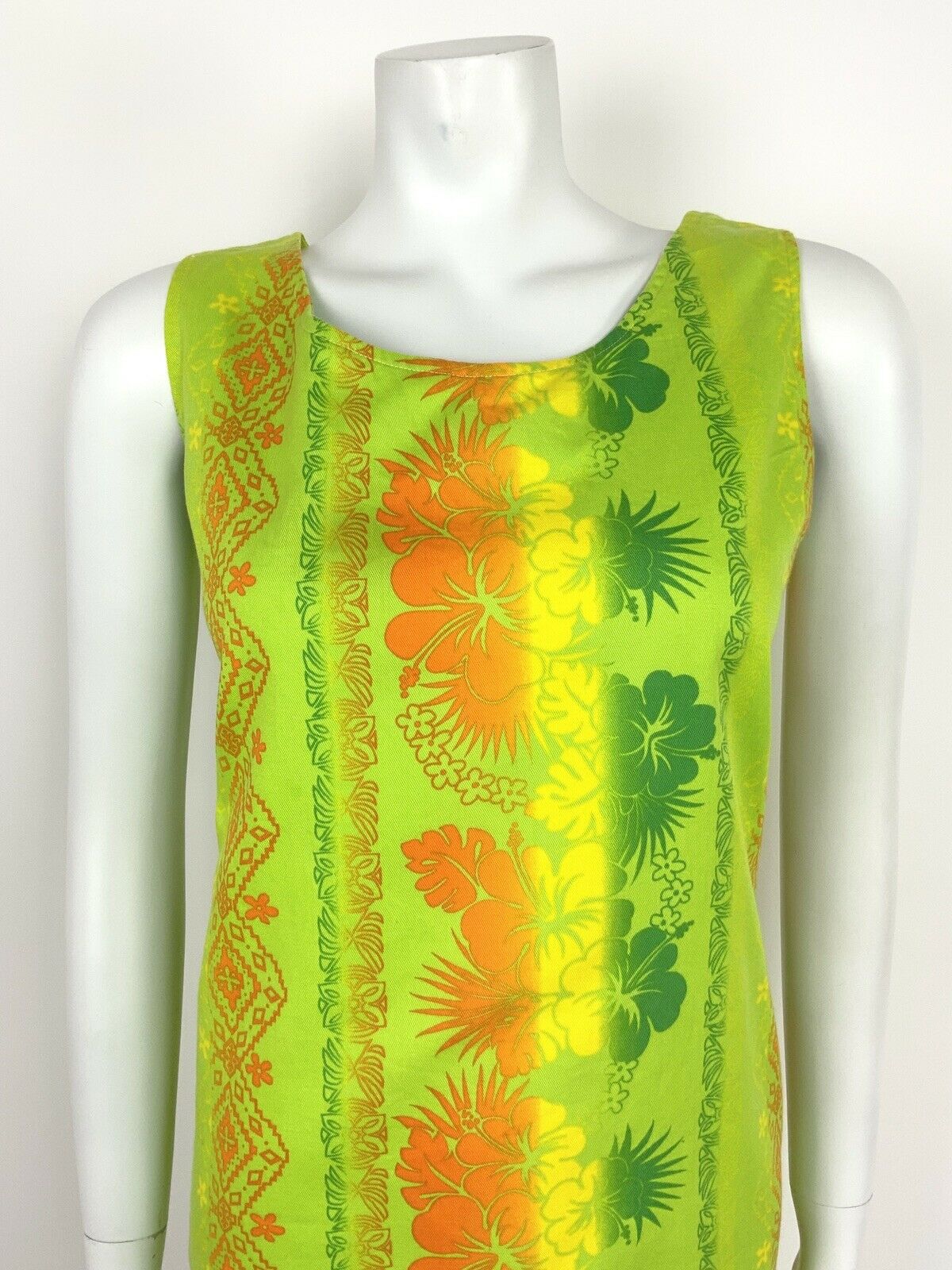 VTG 60s 70s LIME GREEN NEON ORANGE YELLOW FLORAL TROPICAL HAWAIIAN DRESS 10 12