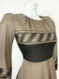 VTG 60s 70s BEIGE WHITE BLACK GRID GEOMETRIC POLKA DOT KNEE-LENGTH SWING DRESS 8