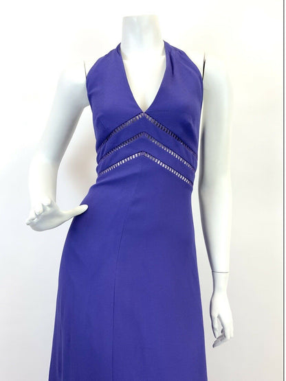 VTG 60s 70s VIOLET PURPLE CUT-OUT STUDIO 54 GLAM PLUNGING HALTER MAXI DRESS 10