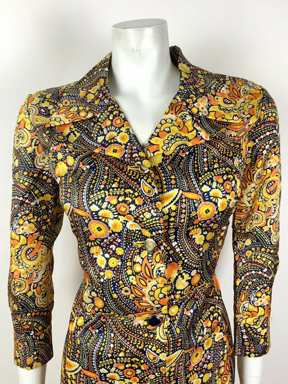 VINTAGE 60s 70s YELLOW ORANGE WHITE BLUE PSYCHEDELIC FLORAL SHIRT DRESS 12 14