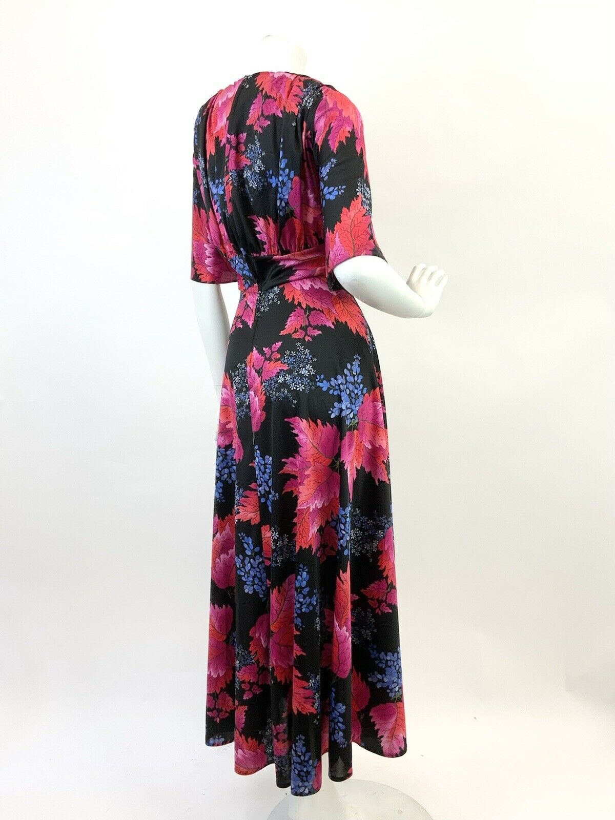 VTG 60s 70s BLACK BLUE PINK ORANGE DITSY FLOWER LEAFY BELL SLEEVE MAXI DRESS 16