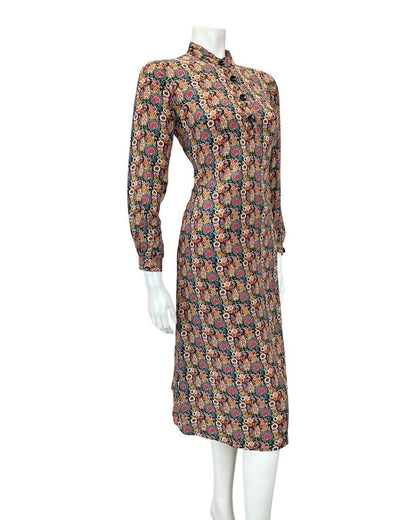 VINTAGE 60s 70s BLACK PINK GREEN PSYCHEDELIC FLORAL STRAIGHT-CUT MOD DRESS 8