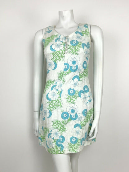 VTG 60s 70s WHITE BLUE GREEN EMBOSSED PSYCHEDELIC FLORAL SUMMER MINI DRESS 6 8