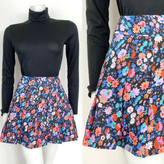 VINTAGE 60s 70s BLACK BLUE PURPLE PINK RED FLORAL KICK PLEAT SHORT SKIRT 6 8