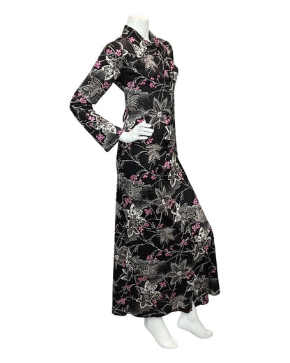 VINTAGE 60s 70s BLACK PINK WHITE FLORAL PATTERNED BUTTON DOWN MAXI DRESS 12 14