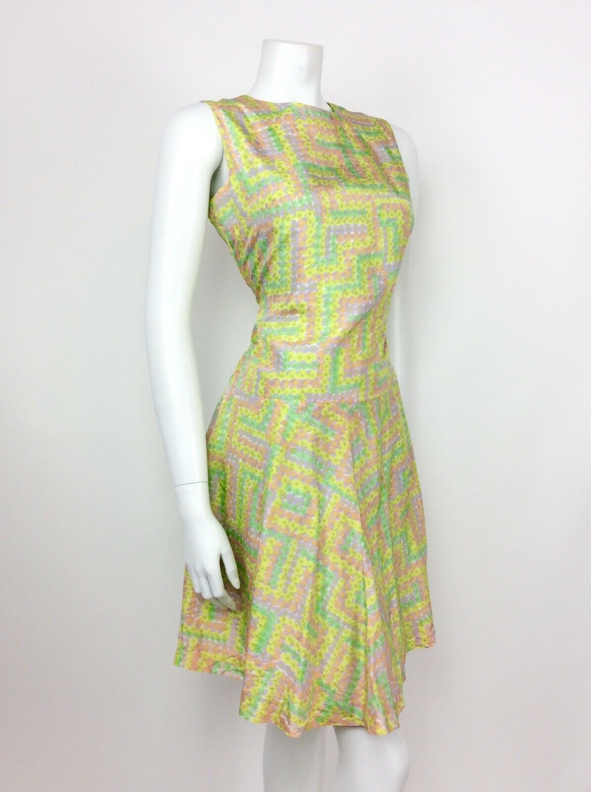 VINTAGE 60s 70s ABSTRACT FLORAL GREEN PINK PURPLE PSYCHEDELIC ACID DRESS 10 12