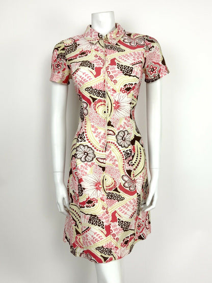 VTG 60s 70s WHITE PINK BROWN YELLOW FLORAL PSYCHEDELIC HIPPY STRETCH DRESS 10 12