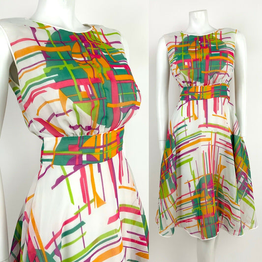 VINTAGE 60s 70s WHITE GREEN PINK ORANGE GEOMETRIC ABSTRACT BLOUSON DRESS 10