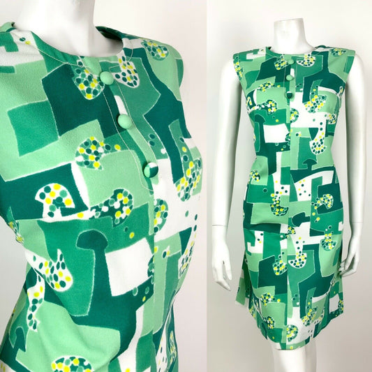 VINTAGE 60s 70s GREEN LIME MINT WHITE GEOMETRIC DOTTY MOD SHIFT DRESS 14 16