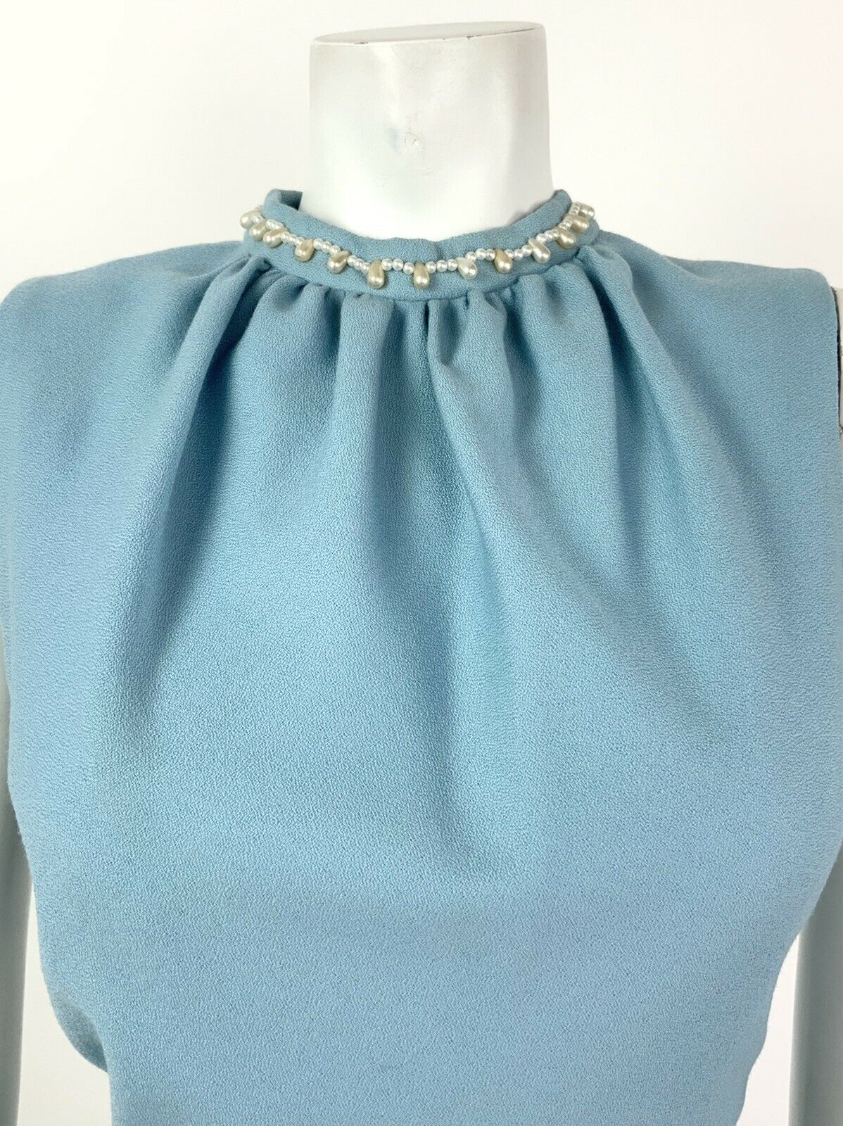 VINTAGE 60s BABY BLUE PEARL BEADED PARTY SLEEVELESS DRESS 10