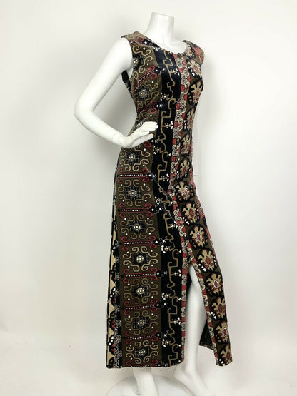 VINTAGE 60s 70s BLACK BROWN RED BEIGE GEOMETRIC AZTEC VELVET MAXI DRESS 10 12