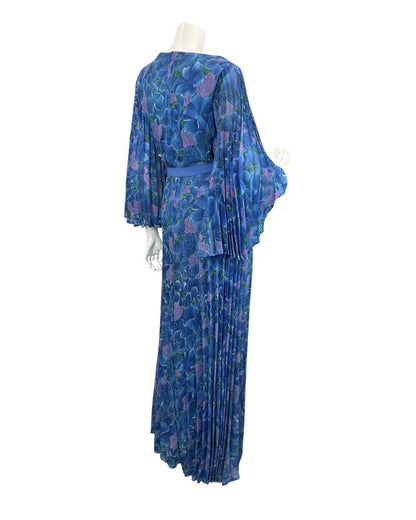 VINTAGE 60s 70s BLUE PURPLE FLORAL LEAFY BOHO MOD PLEATED MAXI DRESS 12 14